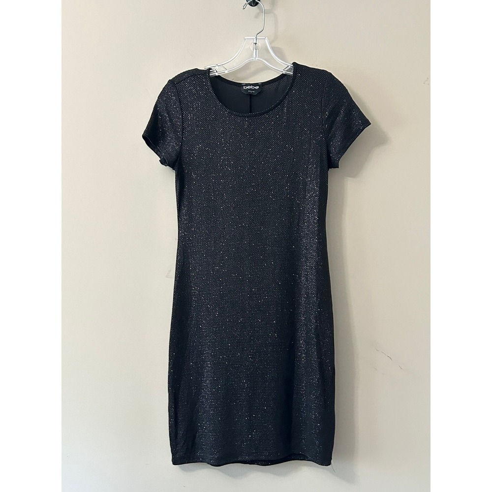 Bebe Black Metallic Shimmer Bodycon Dress Short Sleeve Sparkle Mini Size S
